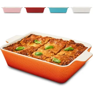 Praknu Auflaufform Groß - Lasagne Auflaufform aus Keramik - Extra Hoher Rand - Ofenform Für Tiramisu & Auflauf - Lasagneform- Orangerot