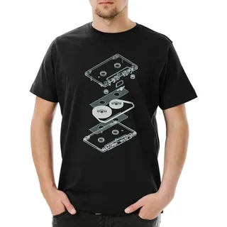 Urban Backwoods Print-Shirt Explosion Audio Cassette Herren T-Shirt 80s Kassette DJ MC Music VHS (1-tlg) Tape Player Kassettenrekorder Retro schwarz S