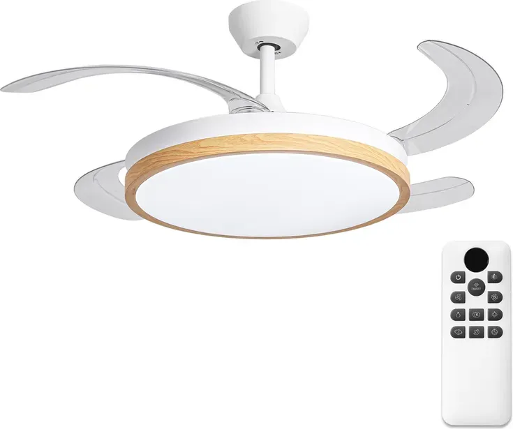 Parrot Uncle 42-Zoll-Deckenventilator mit Licht und einziehbaren Flügeln, 36W DC-Motor, Weiß-Holz-Optik