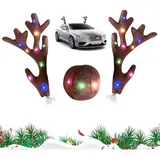 Rentier Auto Set, Auto Deko Weihnachten, Plüsch Rentier Geweih Und Nase mit Farbe LED, Auto Weihnachts Rentier Dekoration Kit Geeignet für Auto, LKW, Züge, SUV Usw