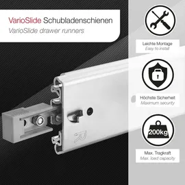 SOTech VarioSlide Vollauszug KV2-200-H76 700 mm – Schwerlast 200 kg, Einhandverriegelung mit Lock, grau (1 Paar) - Grau