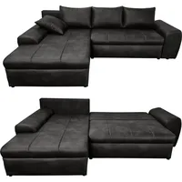 luma-home Ecksofa mit Schlaffunktion und Bettkasten 266/186/90 cm, Ottomane links, Mikrofaser Leder-Optik Schwarz 18016