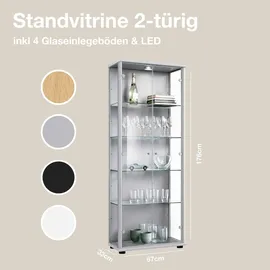 K-Möbel Glasvitrine in Alu / Silber (176x67x33 cm) mit 4 höhenverstellbaren Glasböden & LED - Vitrinenschrank - Sammlervitrine - Silber - Silber Sam