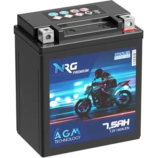 NRG Premium YTX7L-BS AGM Motorradbatterie 7,5Ah 12V 160A/EN Batterie 50614 CTX7L-BS auslaufsicher wartungsfrei ersetzt 6Ah