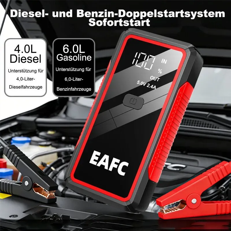 EAFC 2000A Auto-Starthilfe mit 10000 mAh Akku, tragbare Notstromversorgung für Benzin- und Dieselfahrzeuge (bis zu 6,0 L Benzin / 4,0 L Diesel), 12-V-Akkuschub mit LED-Taschenlampe und Schutzfunktion