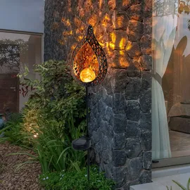 ETC Shop LED Solar Außen Stecklampe Flammeneffekt Solarleuchte Gartendeko Glas Kugel Erdspieß, Gold, 1x LED, L x x H16 x 7 x 90 cm, 3x