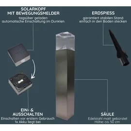 Melitec Solar Gartenleuchte, Wegeleuchte, mit Bewegungsmelder, Edelstahl eckig)