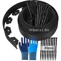Flexible Rasenkante aus Kunststoff, 5m (L) x 5cm(H) Rasenkante Kunststoff, Rasenkanten Höhe Beeteinfassung Rasenbleche Mähkante Palisade, mit Befestigungsnägel x 30 + Handschuhe x 1Paar - Schwarz