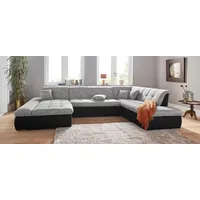 Wohnlandschaft DOMO COLLECTION "PB Moric wahlweise mit Bettfunktion und Armteilverstellung U-Form", schwarz (schwarz, weiß, grau, grau), B:353cm H:80cm T:95cm, Zierkissen: Struktur (90% Polyester, 10% Polyacryl);Microfaser PRIMABELLE (100% Polyester) / Struktur (90% Polyester, 10% Polyacryl);Kunstleder SOFTLUX / Struktur (90% Polyester, 10% Polyacryl), Sofas, XXL-Format B/T/H: 353/216/80 cm, feine Steppung, incl. Zierkissen