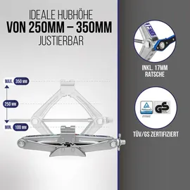 Alca alca® Scherenwagenheber mit Ratsche 1t Universal Hubhöhe 100 – 1,5t Tragkraft, höhenverstellbar 100–350 mm,