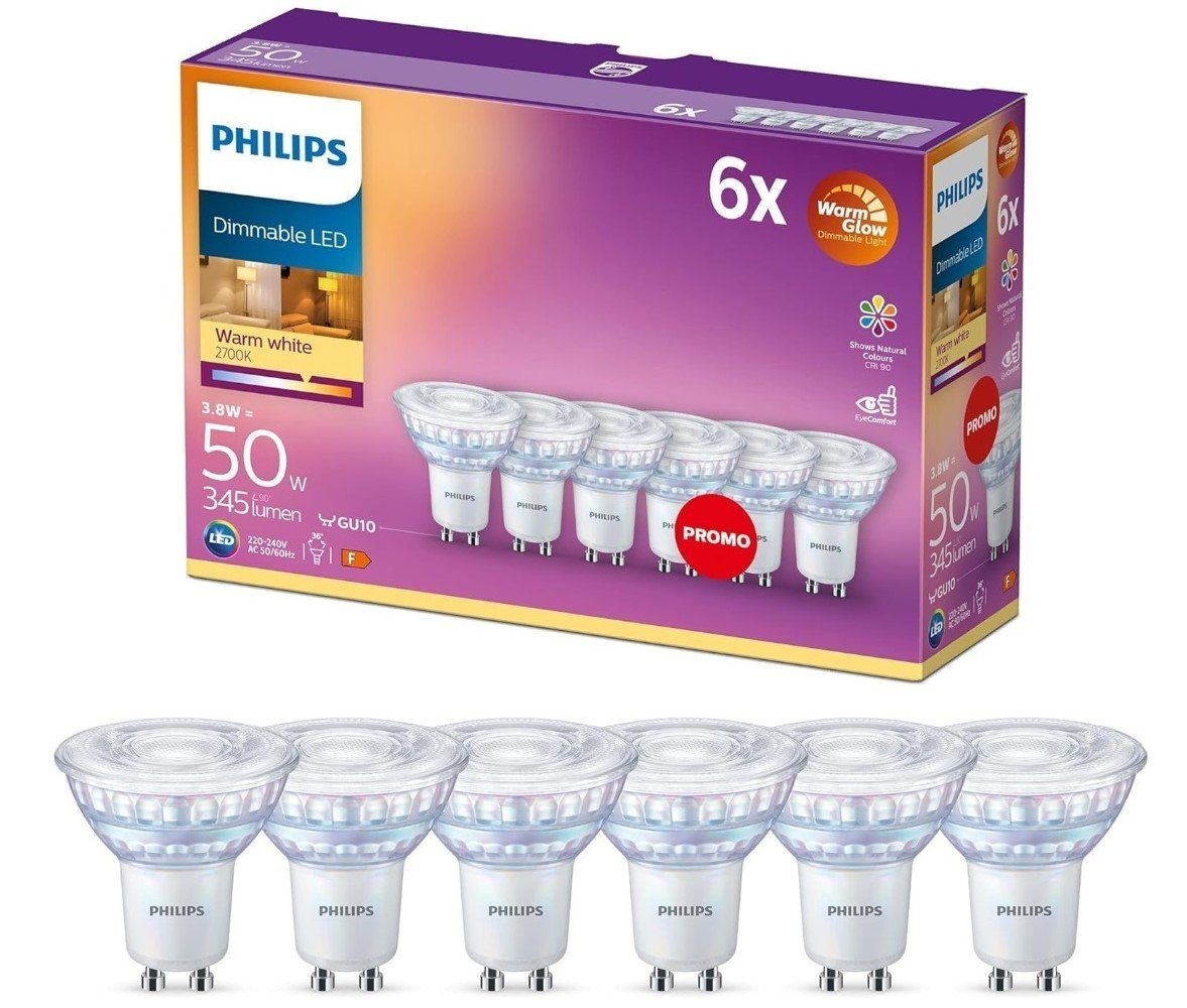 Philips LED-Leuchtmittel Classic GU10 WarmGlow Lampe, 50 W, dimmbar, warmweiß, 6er Pack, 6 St.