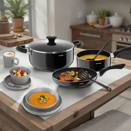 Tectake tectake® Küchenstarterset, Geschirrset aus Steingut, mit Glasur, hitzebeständig und kratzfest, inklusive 5 Küchenwerkzeugen