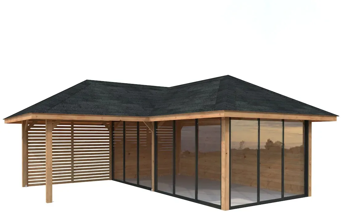 Palmako Pavillon Bianca 24,9 m2 Set 514 Slide Plus mit Isolierglas-Schiebetüren hellbraun tauchgrundiert
