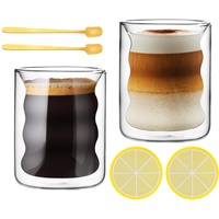 2er Set Latte Macchiato Gläser, Doppelwandige Kaffeegläser 200ml, Espresso Gläser mit Löffel und Untersetzer, Thermo Kaffeegläser, Spiralförmig Cappuccino Tassen Saftgläser Glas Cup