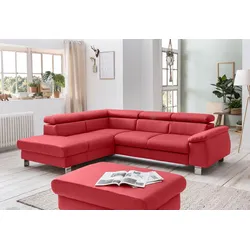 Polstergarnitur COTTA "Komaris L-Form", rot, B:249cm, Sitzmöbel-Sets, Set bestehend aus: Ecksofa mit Kopfteilverstellung & Hocker