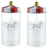 Alessi Circus MW68S2 - Design Set Bestehend aus Zwei Gewürzbehälter Glas Mit Aufdruck Und Abgedichtetem Deckel aus Weissblech, 6 x 12.6 x 12.6