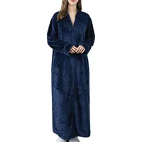 Damen Und Herren Flanell Bademantel Frottee Bademantel V-Ausschnitt Kimono Roben Nachthemd Lange Bademäntel Weich Morgenmäntel Mit Durchgehendem Reißverschluss Weich Und Warm Pyjama,Blau Frauen,L - L