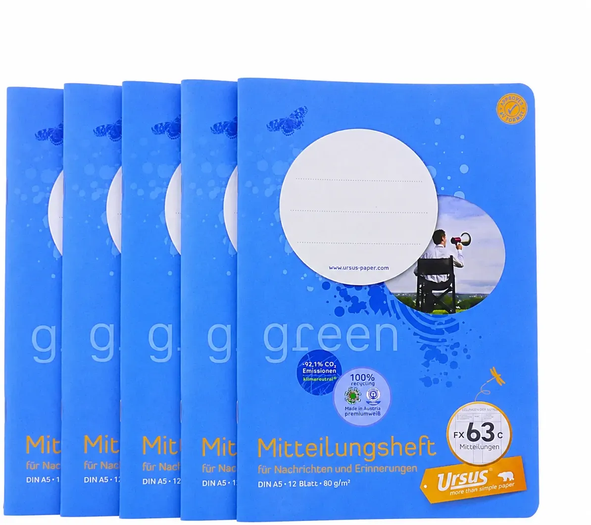 5x URSUS Green Mitteilungshefte DIN A5 ? 5er Pack ? 12 Blatt ? 80 g/m2 ? Schu...
