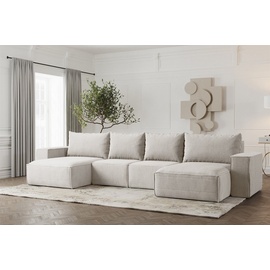 Fun Möbel Wohnlandschaft U-Form Sofa ESTELLE mit Schlaffunktion in Stoff Poso Creme - Creme