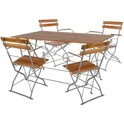 Biergarten Garnitur Klapptisch + 4 Klappstühle klappbar mit Armlehne Stahl Akazieholz 120x60cm