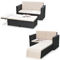 Gartensofa Polyrattan + klappbare Fußbank Lounge Sessel Gartenmöbel schwarz NEU