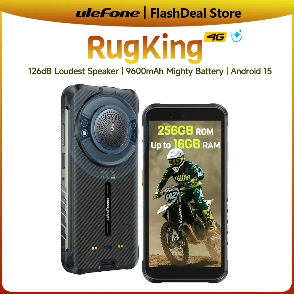 Ulefone RugKing 4G Robustes Smartphone Android 15 Bis zu 16 GB RAM + 256 GB ROM 9600 mAh NFC 5,99 Zoll Display Lautsprecher Wasserdichtes Telefon