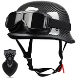 Labzaa Deutsche Kohlefaser Motorrad Halbschalenhelm DOT/ECE-Zulassung Retro JetHelm mit Sonnenbrille für Cruiser Chopper Biker Moped Schnellverschlussschnallen B L