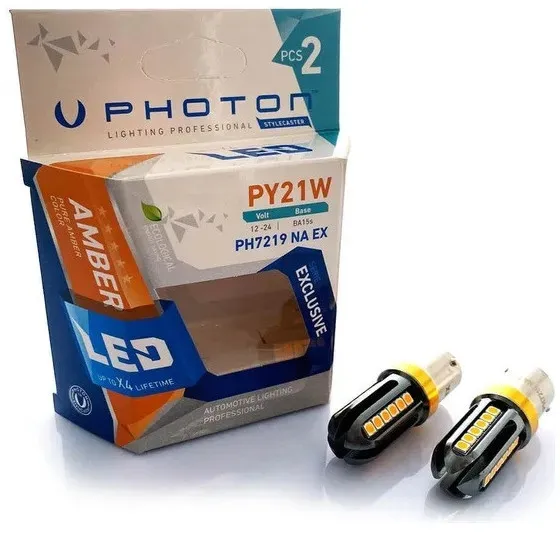 Set mit 2 LED-Lampen, 24 SMD, BA15S (P21W), 12V–24V, gelb/orangefarbenes Licht — EXCLUSIVE Photon