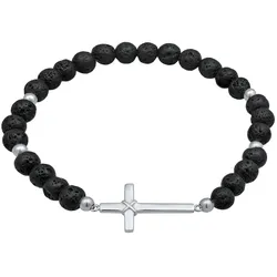 KUZZOI Lava Perlen Schwarz Kreuz 925 Silber Herrenschmuck   Herren 