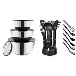BEM Küchenset - Schüssel Set mit Deckel und Reibe, 3 Größe 1.8L 3.4L 5.5L und 6-tlg. Küchenutensilien Kochlöffel Küchenhelfer Set mit Behälter