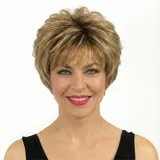 AIYLMZ Kurze flauschige blonde Perücken für Frauen, braune Bob-Perücke mit Pixie-Schnitt und Pony, dunkel verwurzelte synthetische Perücken (Blondes Gemischtes Braun)