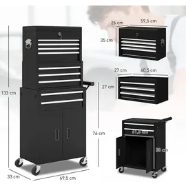 Homcom 3-in-1 Werkzeugkiste, rollender Werkzeugschrank mit 9 Schubladen - Schwarz