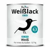 Berico Weisslack - 0,7 Kg - Helles Weiß (ähnl. Verkehrsweiß RAL 9016) - Seidenmatt - 3in1 Grundierung & Deckfarbe - Hohe Beständigkeit & Deckkraft - UV-Schutz - Holz, Metall, Kunststoff