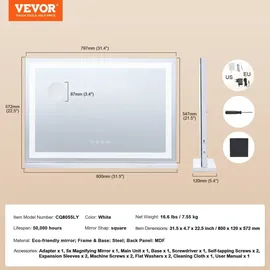 Vevor Hollywood Schminkspiegel mit Beleuchtung, Kosmetikspiegel mit 3 Farbbeleuchtungsmodi, LED-Schminkspiegel mit Lichtern, 5-fache Vergrößerung, Bluetooth, USB, Smart-Touch-Steuerung, 797x547mm