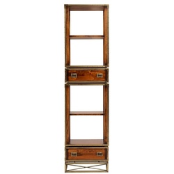 Casa Padrino Luxus Vintage Stil Regalschrank Braun / Messing 52,5 x 35 x H. 200,5 cm - Vintage Stil Bücherschrank mit 2 Schubladen - Luxus Wohnzimmer Massivholz Möbel im Vintage Stil