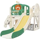 ZREE Indoor-Rutsche mit langer Rutsche, Aufbewahrungsbox, Treppenleiter, Basketballkorb, (Kinder Spielplatz Gartenrutsche Kombi-Rutsche für Kinder, Kinder Spielplatz für In-und Outdoor,Hinterhof Baby Rutsche Set), 7 in 1 Spielzentrum,Rutsche,Treppenleiter,Teleskop,Tunnel, Wurfring grün