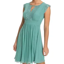 Damen Midi-Kleid weich fließendes Frühlings-Kleid mit Rundhals-Ausschnitt Spitzen-Kleid 977723 Mint-Grün - 52/54