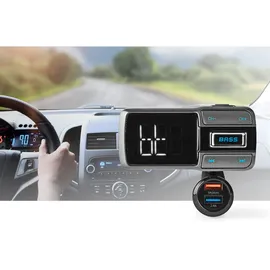 Nedis Audio Transmitter - Bluetooth 5.0 UKW-Sender für Playlists - Freisprechfunktion - 2 USB-Ladeanschlüsse (3.0A, 2.4A) - Flexibler Schwanenhals - LED-Display