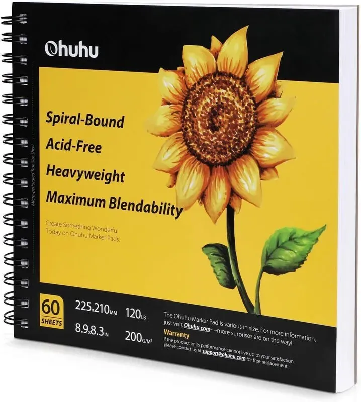 Ohuhu spiralgebundenes Skizzenbuch - 200 g/m2 Papier, auslaufsicher, 22,6 x 21,1 cm, Hardcover-Kunstbuch, 120 Seiten