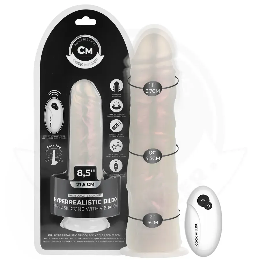 COCK MILLER - Dildo mit Saugnapf, Licht, Vibration und Fernbedienung Weiß, 21,5 cm