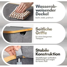 Björn&Schiller Wäschekorb hoch, und schmal, grau mit Deckel, 2 Fächer, 40x33x69 cm, Wäschesammler mit Bambusrahmen, platzsparend, 100L, - Grau/Dunkelgrau