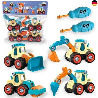 aovowog Bagger Spielzeug ab 3 4 5 Jahren für Jungen,4 in 1 BAU Jungen Sandkasten Sandspielzeug Engineering Set,Zerlegen DIY Baufahrzeuge Lernspielzeug für Kinder