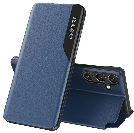 Eco Leather View Case Cover for Samsung Galaxy A24 4G with Flip Stand Blue