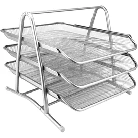 D.RECT 110486 Metall Ablagefächer Stapelbar - Büro Organizer Schreibtisch - Ablage Schreibtisch - 3 Schubfächer Briefablage Dokumentenablage A4 Organizer Mesh - Papierablage Silber Aktenablage