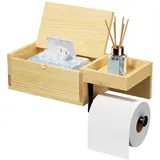 HapiRm Toilettenpapierhalter Ohne Bohren Holz - 4-in-1 Klopapierhalter Ohne Bohren mit Feuchttücherbox, Praktischer Montierter Kein Bohren Klorollenhalter für Badezimmer und Gäste-WC