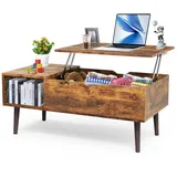 SURFOU Couchtisch Coffee Table Höhenverstellbar Wohnzimmertisch mit Stauraum (Versteckten Fächern 50*100*44 CM), Lift Top Coffee Table Pull Up Ausklappbarer für Wohnzimmer braun