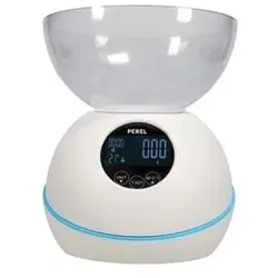 Perel Küchenwaage, digital, max. 5 kg, Tara-Funktion, Timer, Uhrzeitanzeige, automatische Abschaltung, LCD-Anzeige, Batteriestandanzeige, Weiß