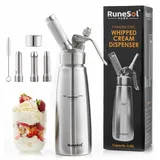 Runesol Sahnespender Edelstahl 500ml, Auslaufsicherer Einfach Reinigen Sahnesyphon, Professionelle Sahnesprüher für Desserts, Schlagsahne mit 3 Deko-Düsen, Schlagsahnebereiter, Whip Cream Dispenser