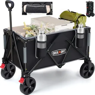 Overmont Faltbar Klappbar Bollerwagen mit Bremsen - Alle Gelände Räder - 150I großes Fassungsvermögen mit Seitentaschen Getränkehalter Verstellbarem Griff - bis 150 kg Tragkraft Schwarz