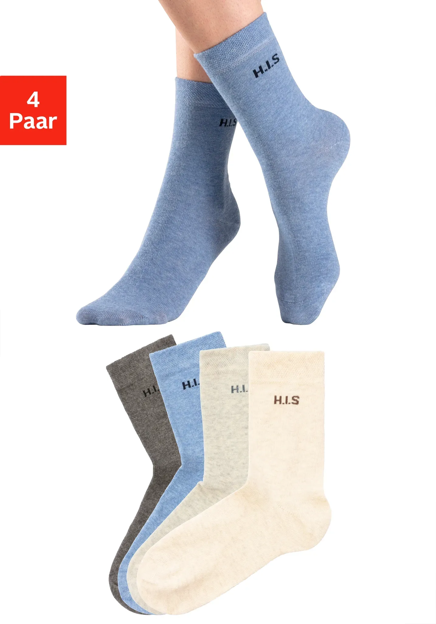 Socken H.I.S, Damen, Gr. 35-38, blau (1x grau meliert, 1x jeans meliert, 1x beige meliert, 1x hellgrau meliert), Baumwolle, Elasthan (LYCRA), Polyamid, meliert, elastisch, Socken Socken, ohne einschneidendes Bündchen